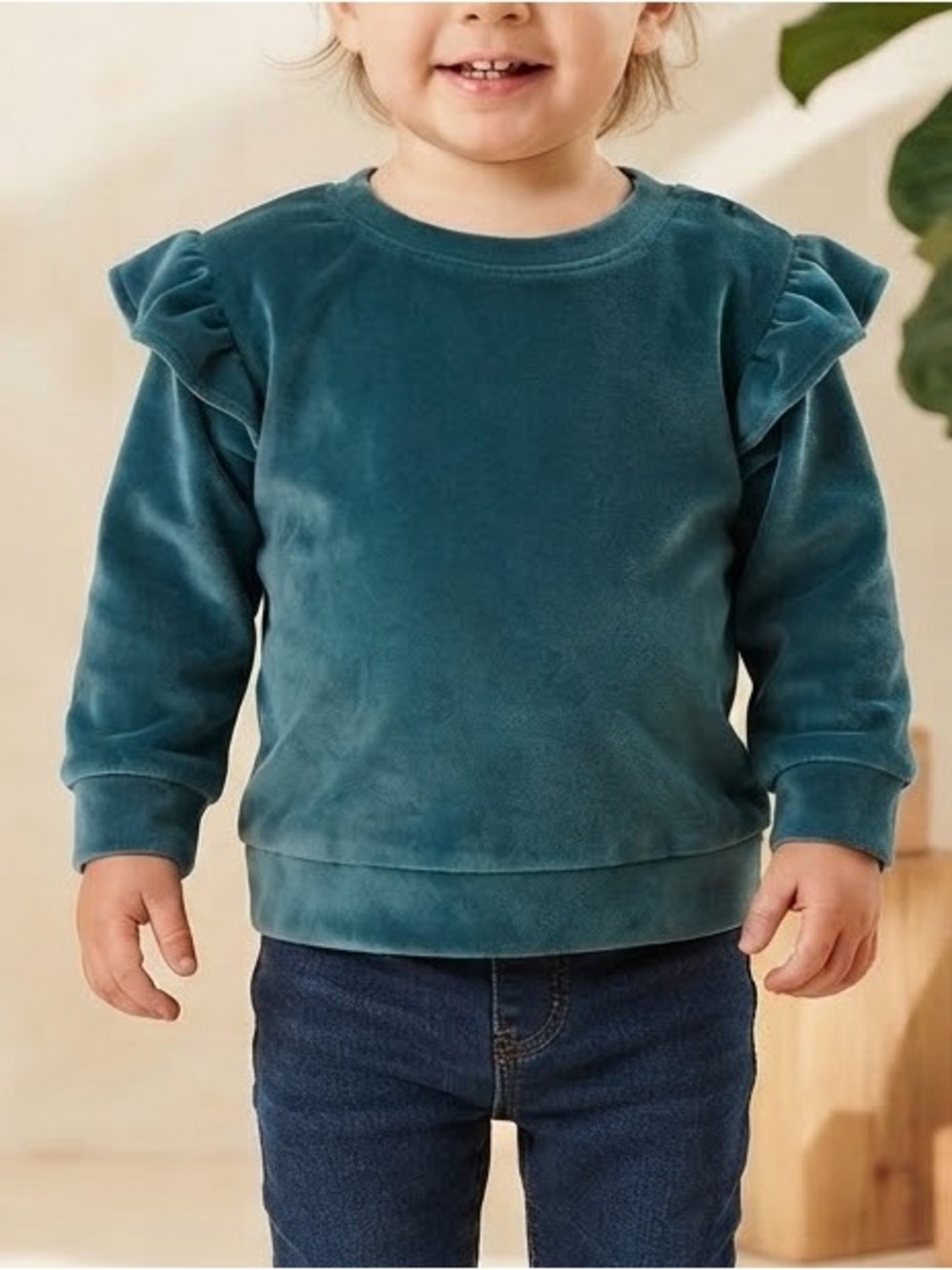 First Impressions Teal Velour Ruffle Shoulder Sweatshirt